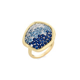 Anello disco grande in argento dorato con zirconi bianchi azzurri e blu