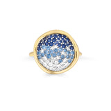Anello disco grande in argento dorato con zirconi bianchi azzurri e blu